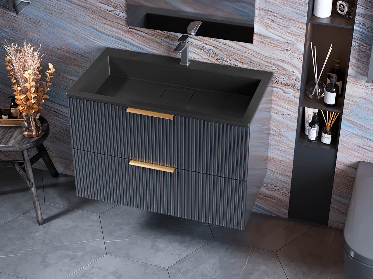 Тумба підвісна Status Aqua 80 Антрацит, з умивальником Aria Low 80 Black