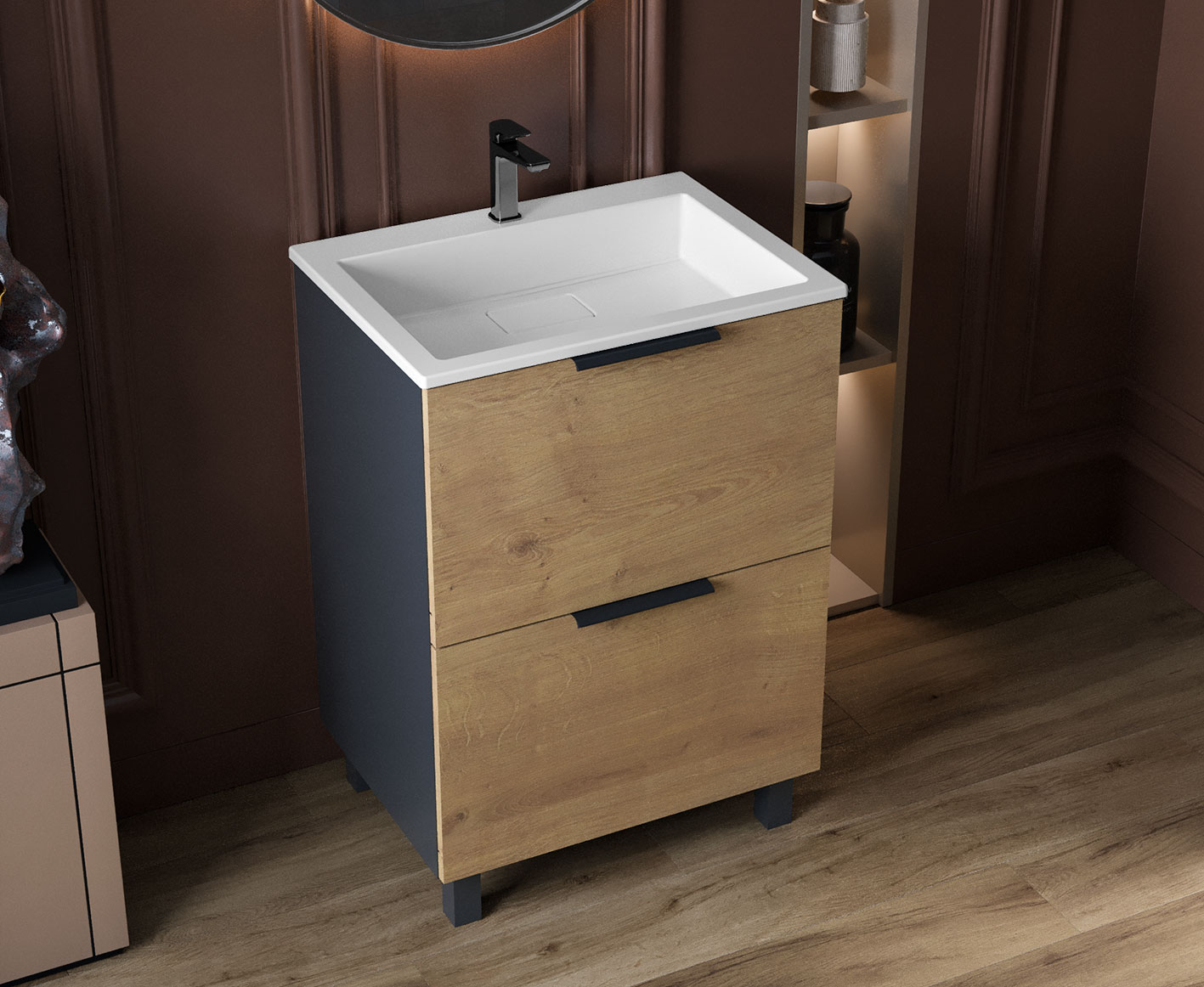 Тумба Status Hartia 60 Дуб, с умывальником Aria Low 60