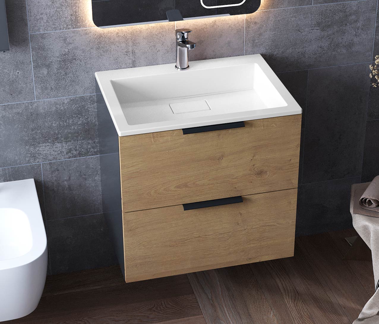 Тумба подвесная Status Juna 50 Дуб, с умывальником Aria Low 50