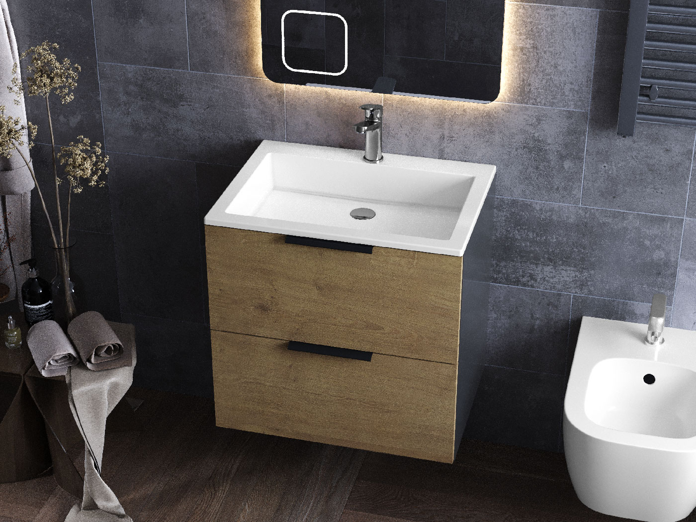 Тумба подвесная Status Juna 50 Дуб, с умывальником Deko Low 50