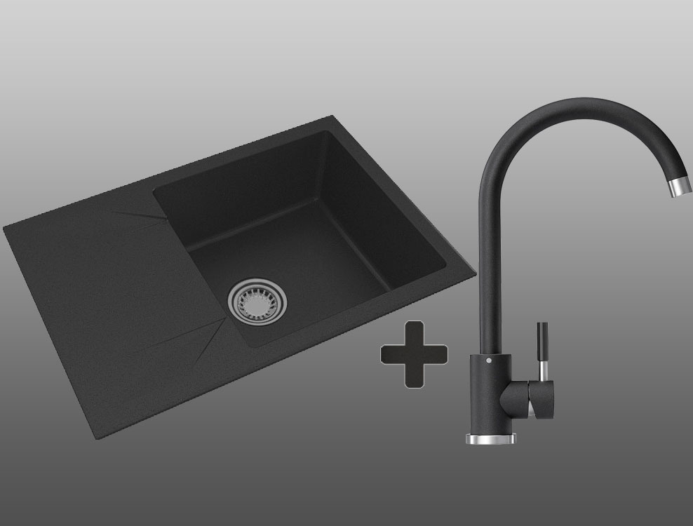 Гранитная кухонная мойка Lexona Argo 60 черная со смесителем