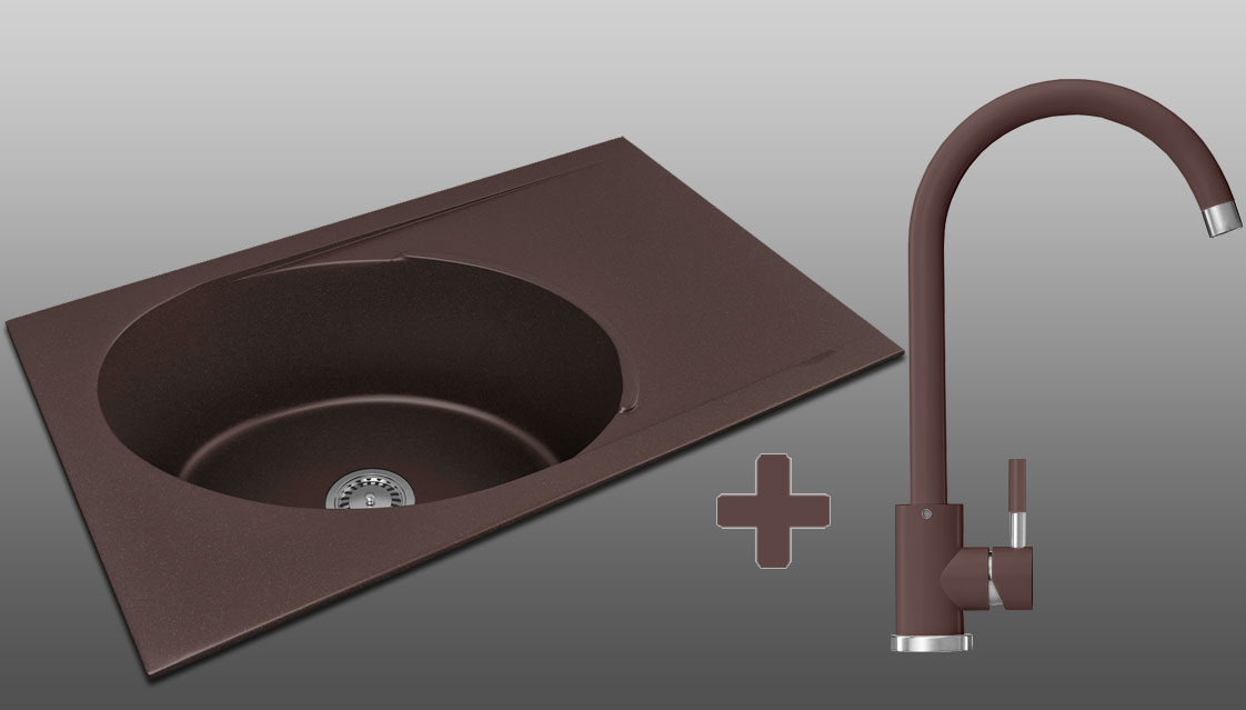 Гранитная кухонная мойка Lexona ANTIKA коричневая со смесителем