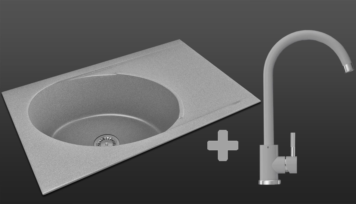 Гранітна кухонна мийка Lexona ANTIKA сіра з краном 