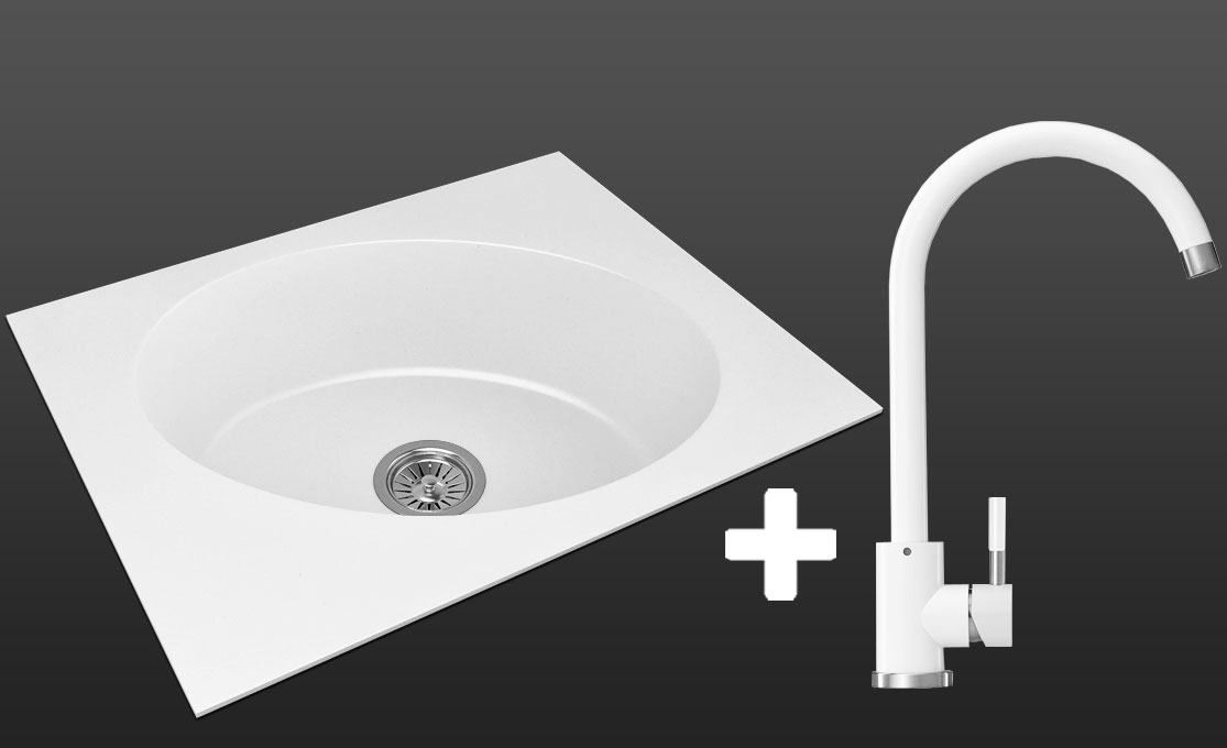 Гранитная кухонная мойка Lexona ANTIKA Compact белая со смесителем