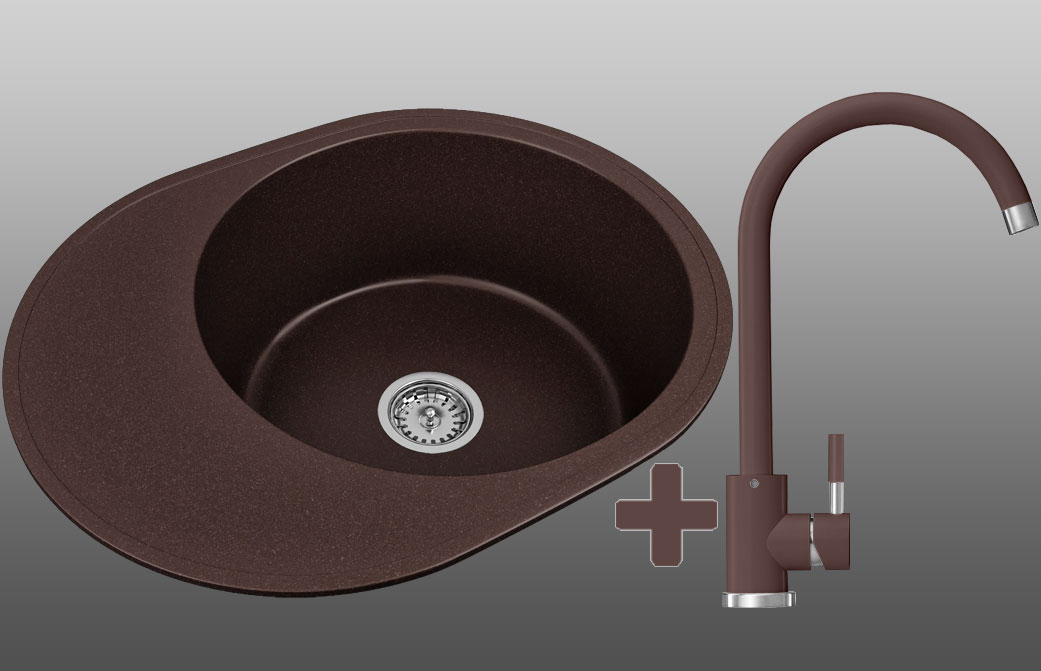 Гранитная кухонная мойка Lexona ARCA коричневая со смесителем