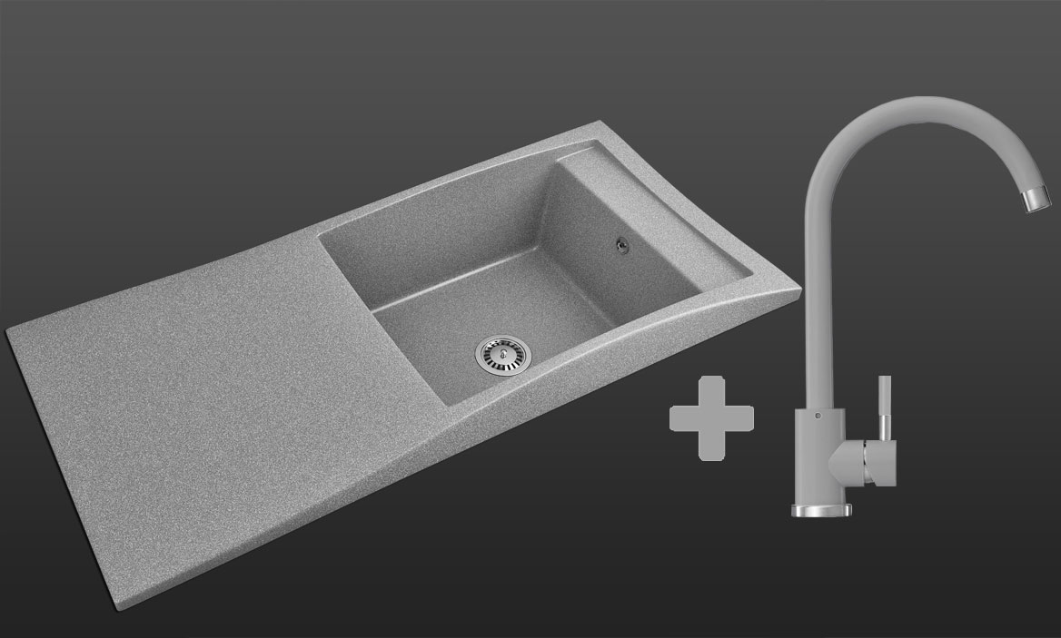 Гранитная кухонная мойка Lexona Aston серая со смесителем
