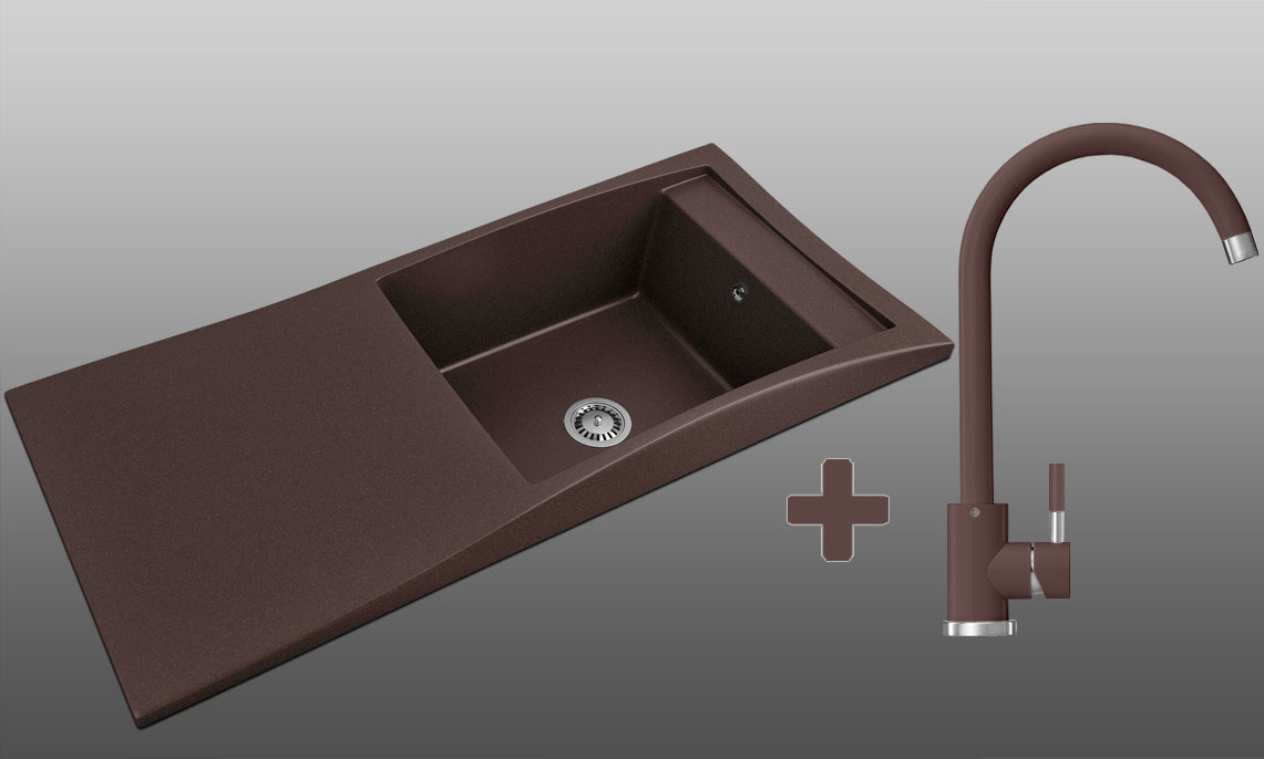 Гранитная кухонная мойка Lexona Aston коричневая со смесителем