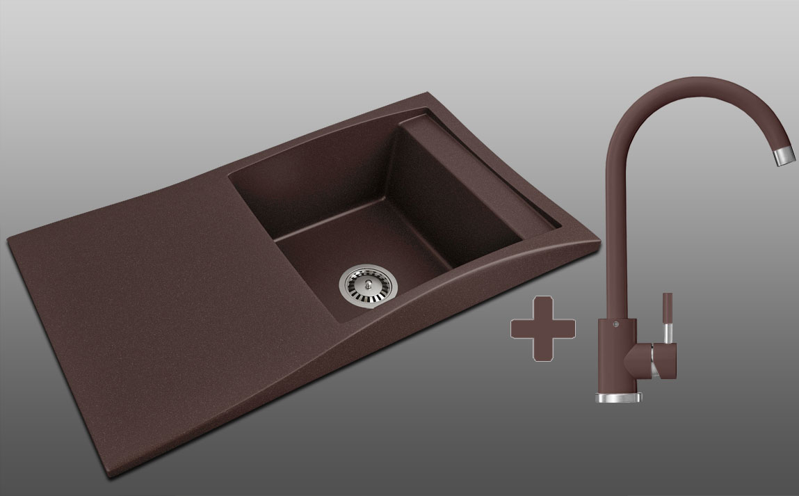 Гранитная кухонная мойка Lexona Aston Compact Бежевая со смесителем