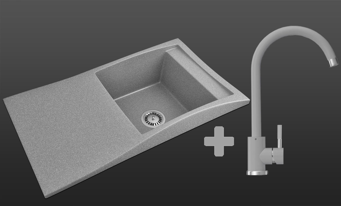 Гранитная кухонная мойка Lexona Aston Compact Серая со смесителем