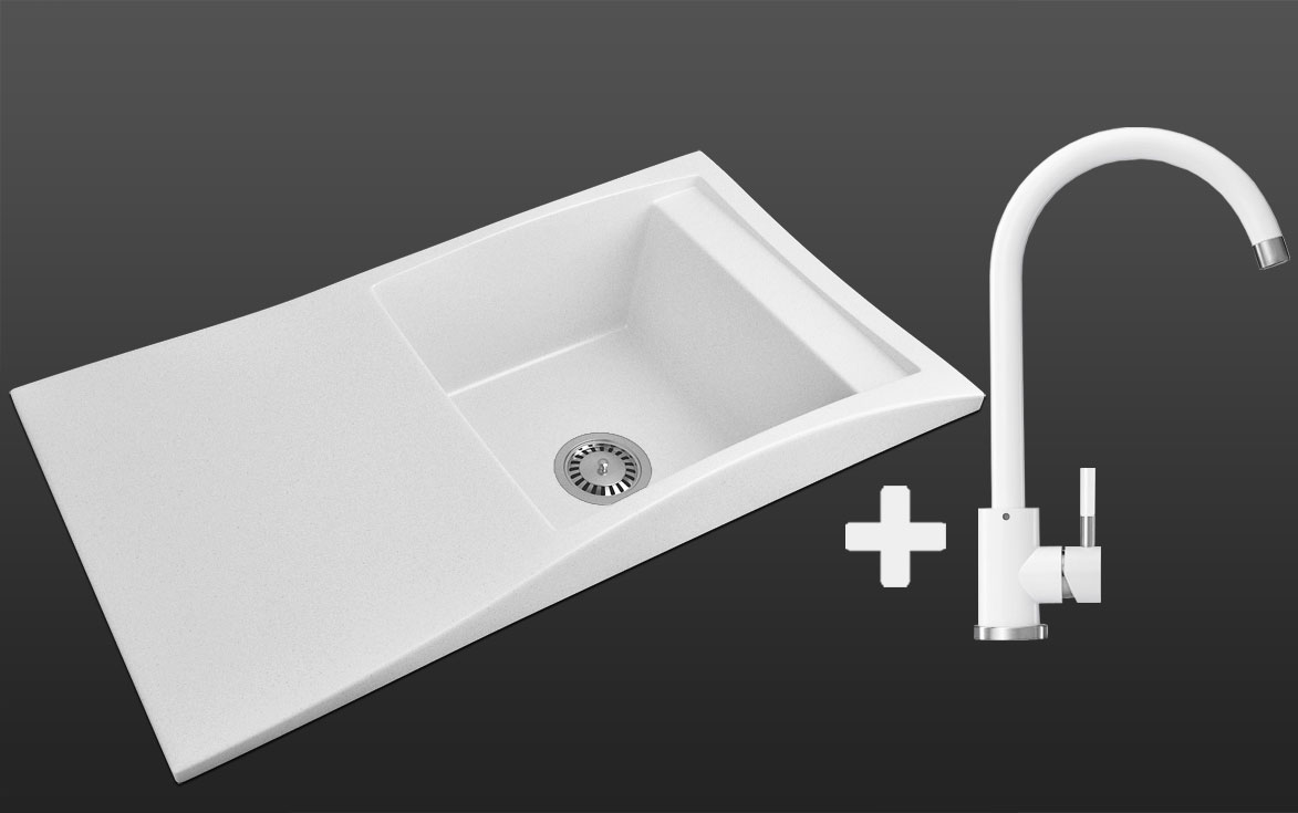 Гранитная кухонная мойка Lexona Aston Compact Белая со смесителем