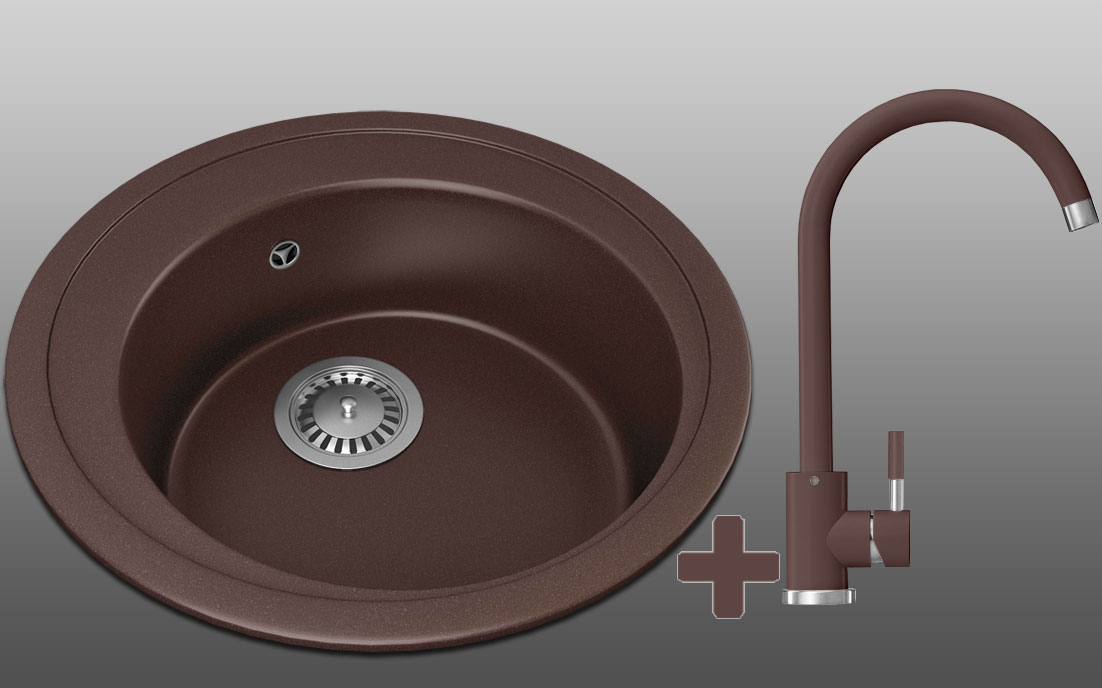 Гранитная кухонная мойка Lexona BLANSH коричневая со смесителем