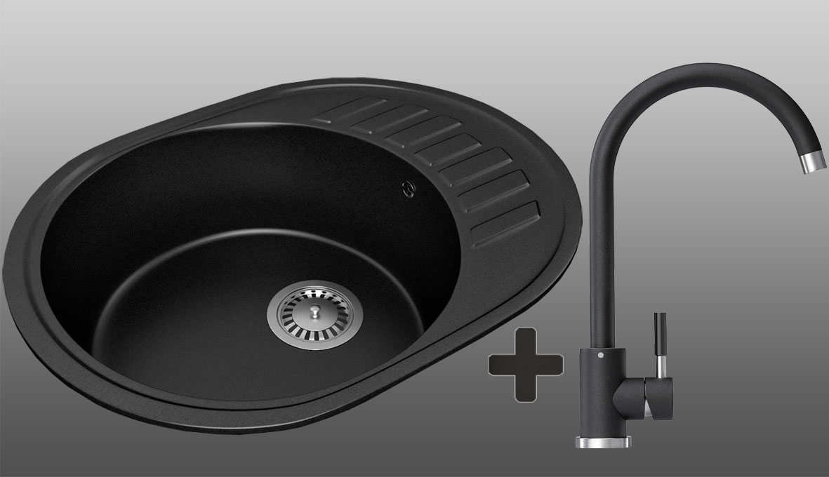 Гранитная кухонная мойка Lexona Dante черная со смесителем