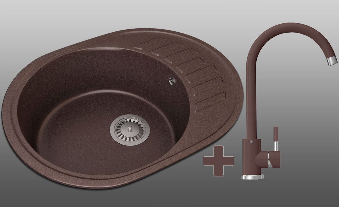 Гранитная кухонная мойка Lexona Dante коричневая со смесителем