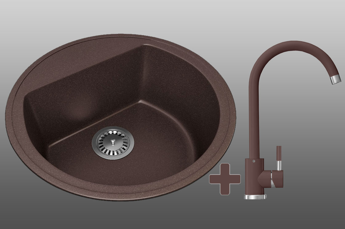 Гранитная кухонная мойка Lexona Ella коричневая со смесителем