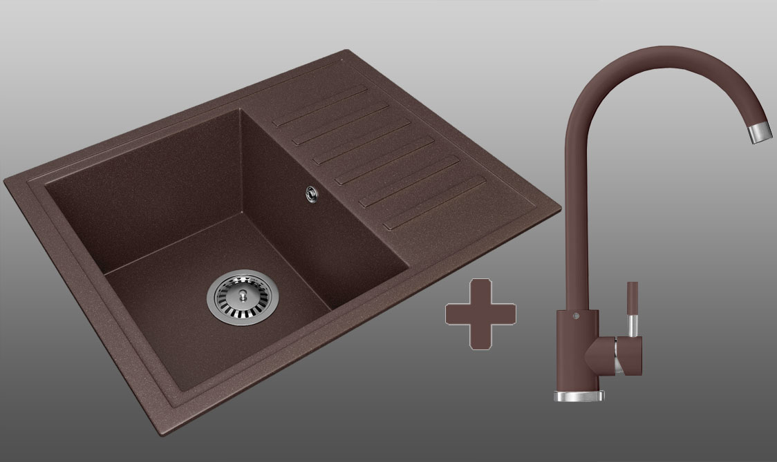 Гранитная кухонная мойка Lexona Galant коричневая со смесителем