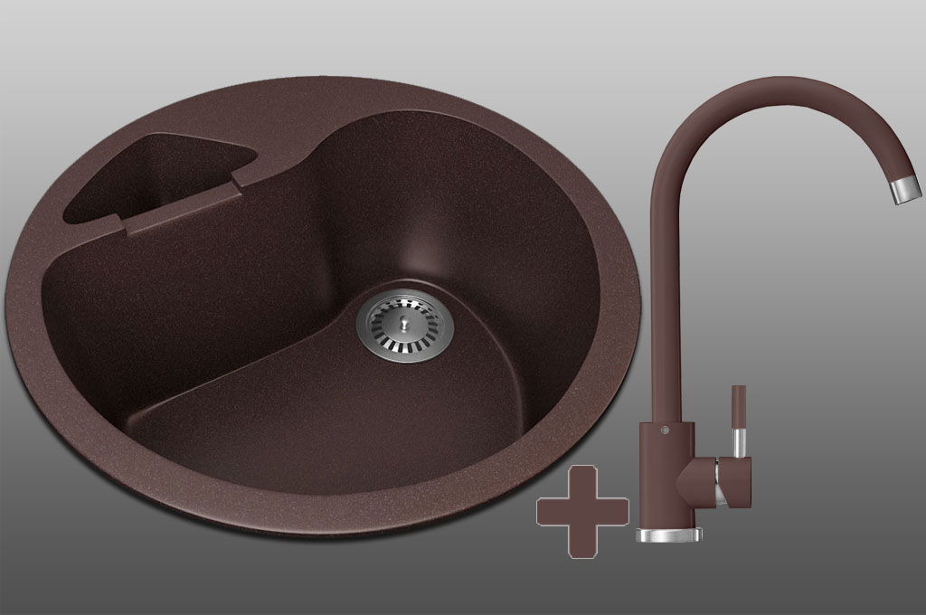 Гранитная кухонная мойка Lexona ISLAND коричневая со смесителем