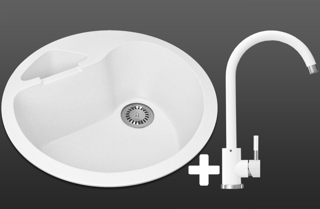 Гранитная кухонная мойка Lexona ISLAND белая со смесителем