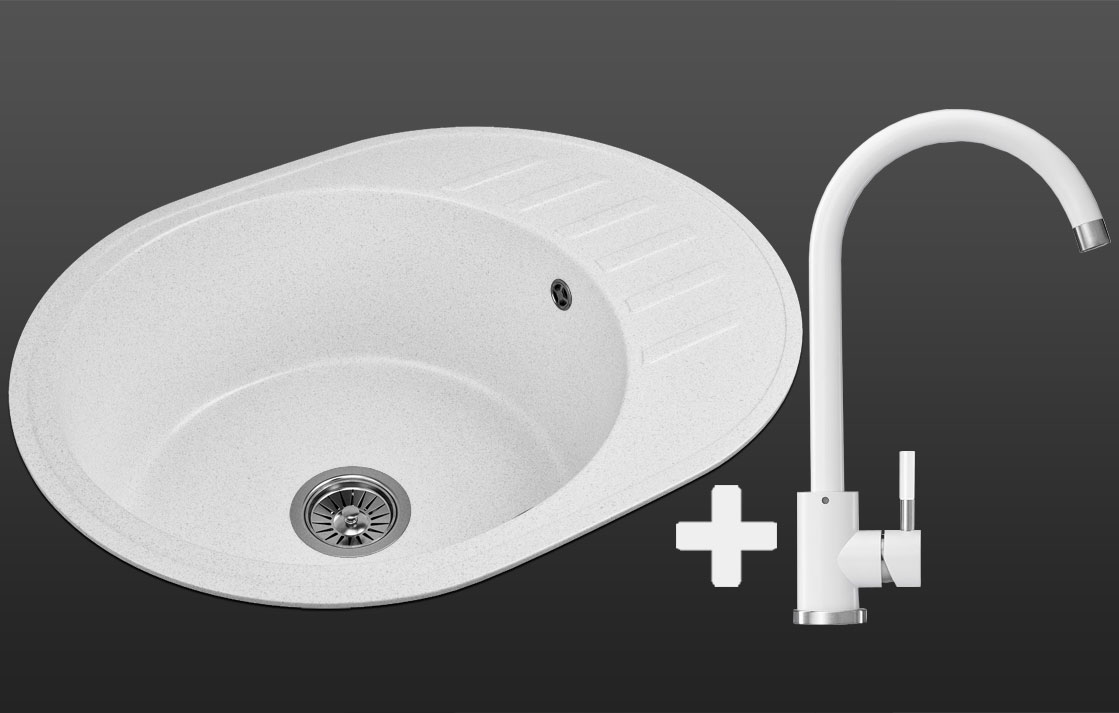 Гранитная кухонная мойка Lexona KOSH белая со смесителем