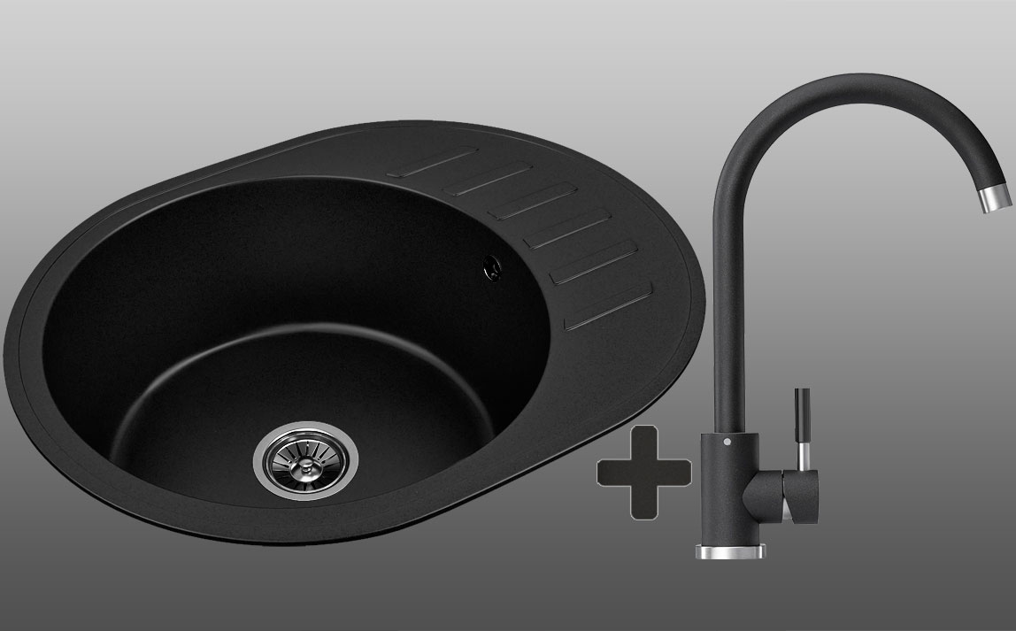 Гранитная кухонная мойка Lexona KOSH черная со смесителем