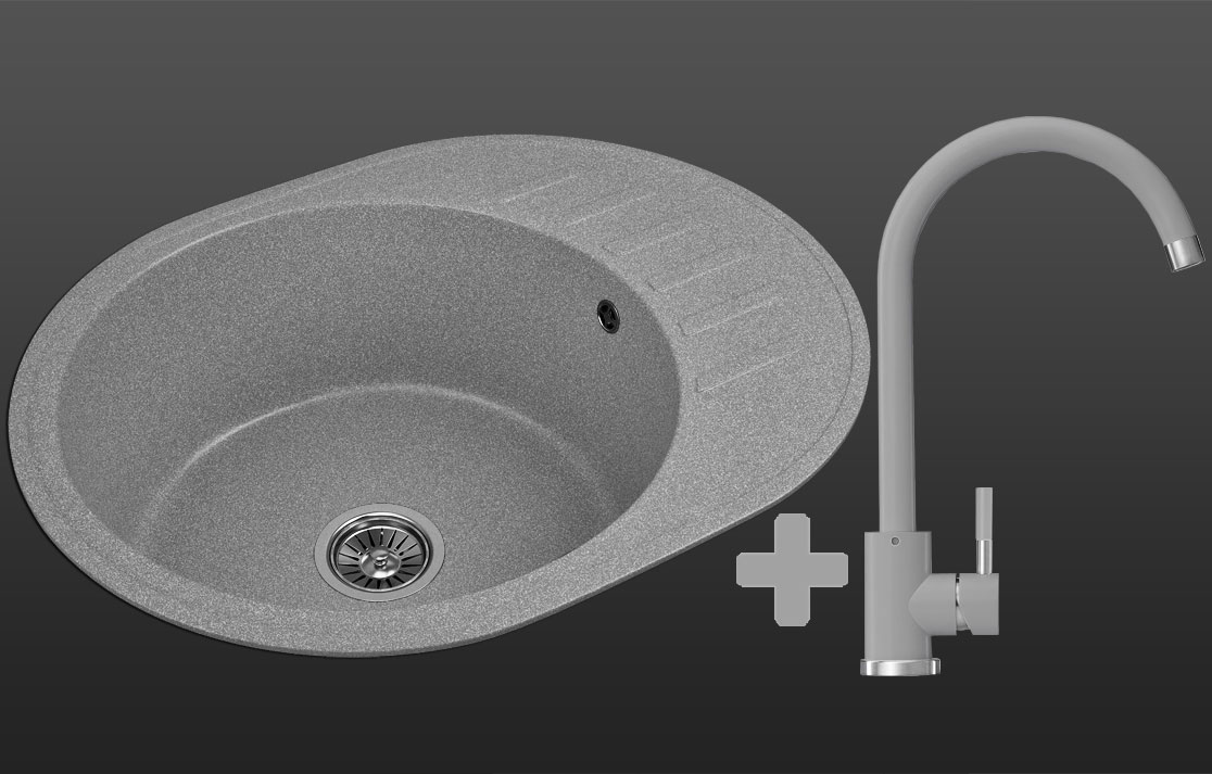 Гранитная кухонная мойка Lexona KOSH серая со смесителем