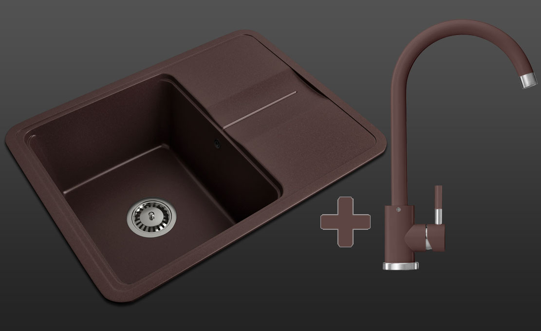 Гранитная кухонная мойка Lexona MINOLA коричневая со смесителем