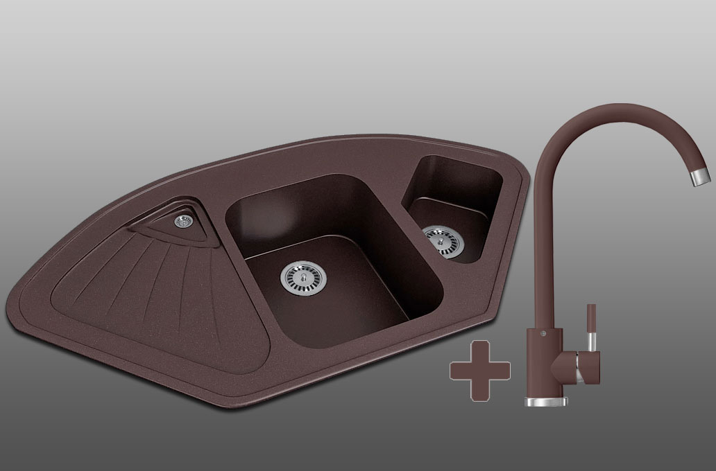 Угловая кухонная мойка Lexona MISTERI коричневая со смесителем