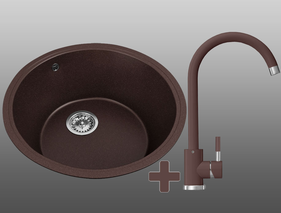 Гранитная кухонная мойка Lexona OLIVA коричневая со смесителем