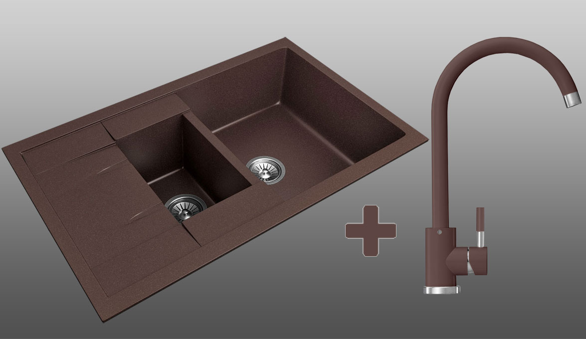 Гранитная кухонная мойка Lexona Omnia коричневая со смесителем