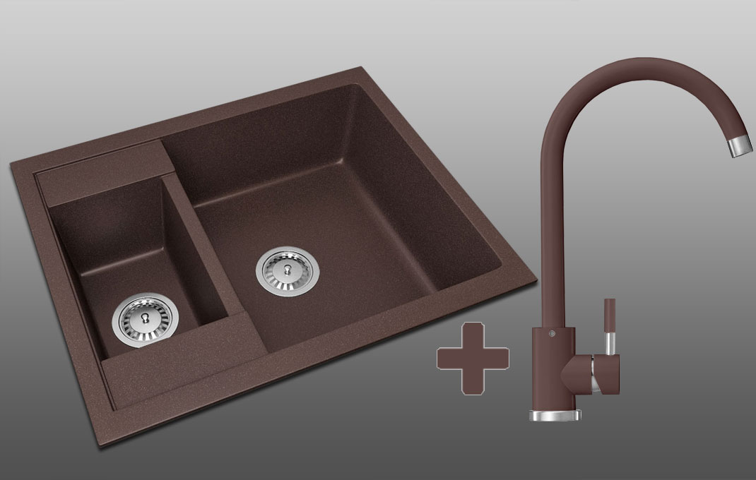 Гранитная кухонная мойка Lexona Omnia Compact коричневая со смесителем