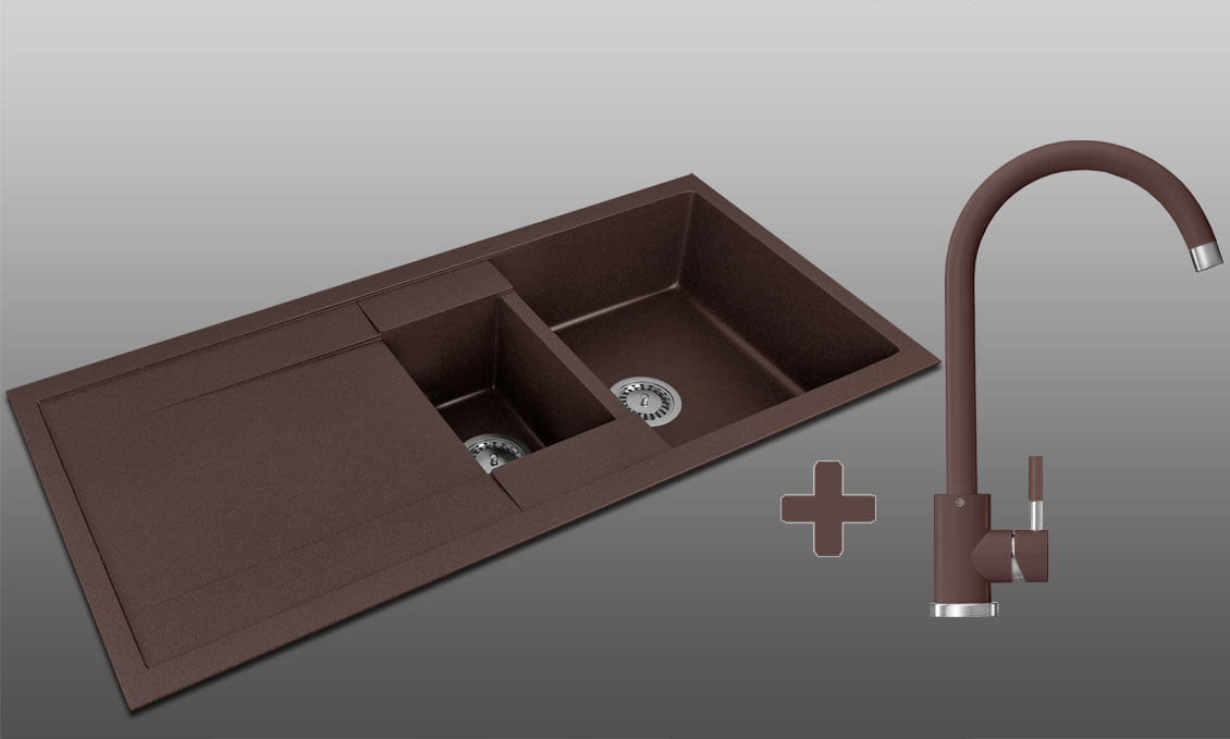 Гранитная кухонная мойка Lexona Omnia Grand коричневая со смесителем