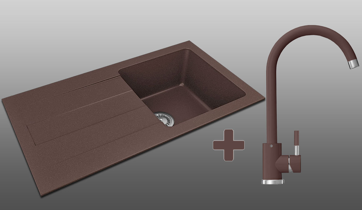  Гранітна кухонна мийка Lexona REYN коричнева з краном 