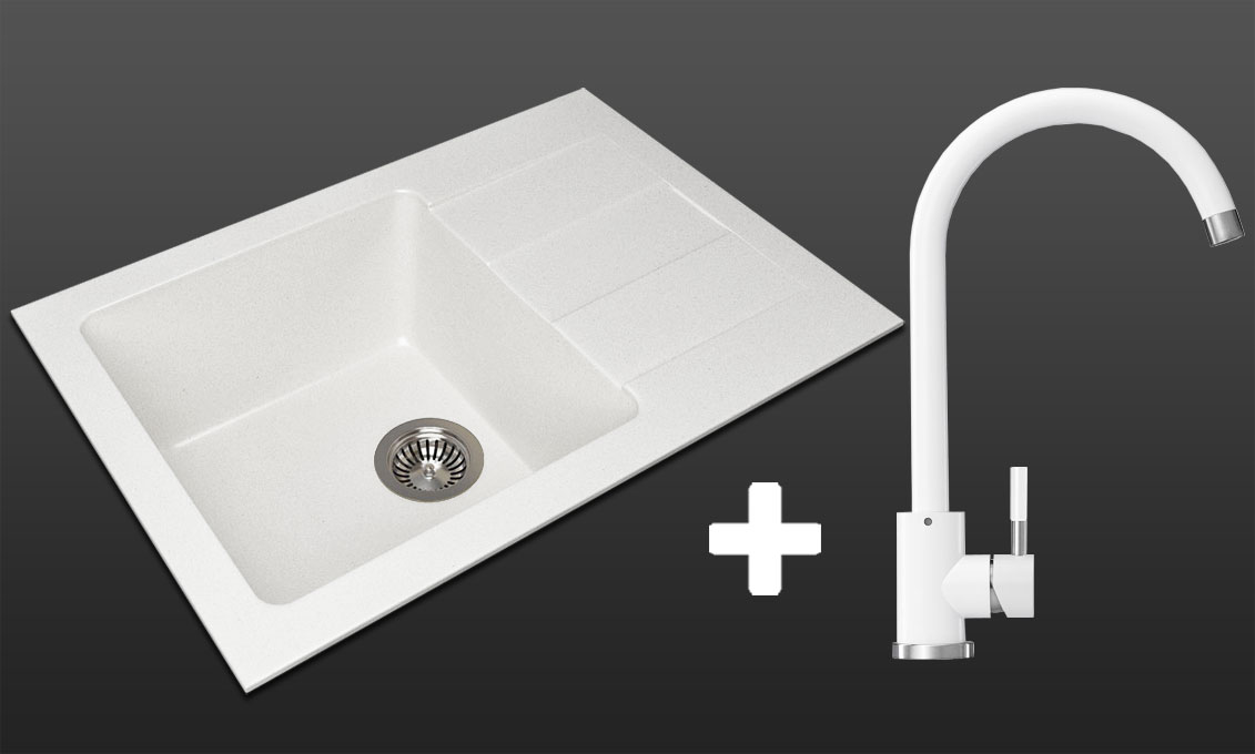 Гранитная кухонная мойка Lexona REYN Compact белая со смесителем