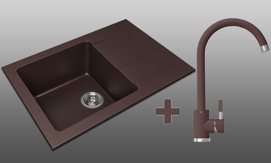 Гранитная кухонная мойка Lexona REYN Compact коричневая со смесителем