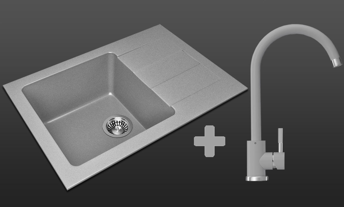 Гранитная кухонная мойка Lexona REYN Compact серая со смесителем