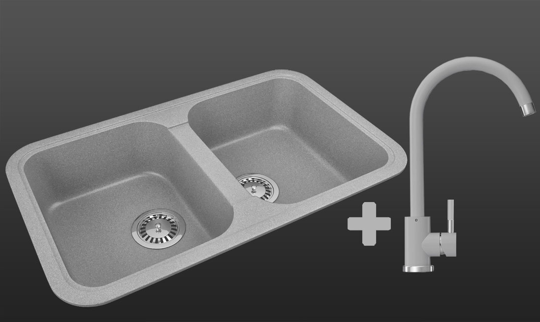 Гранітна кухонна мийка Lexona ROYAL сіра з краном 