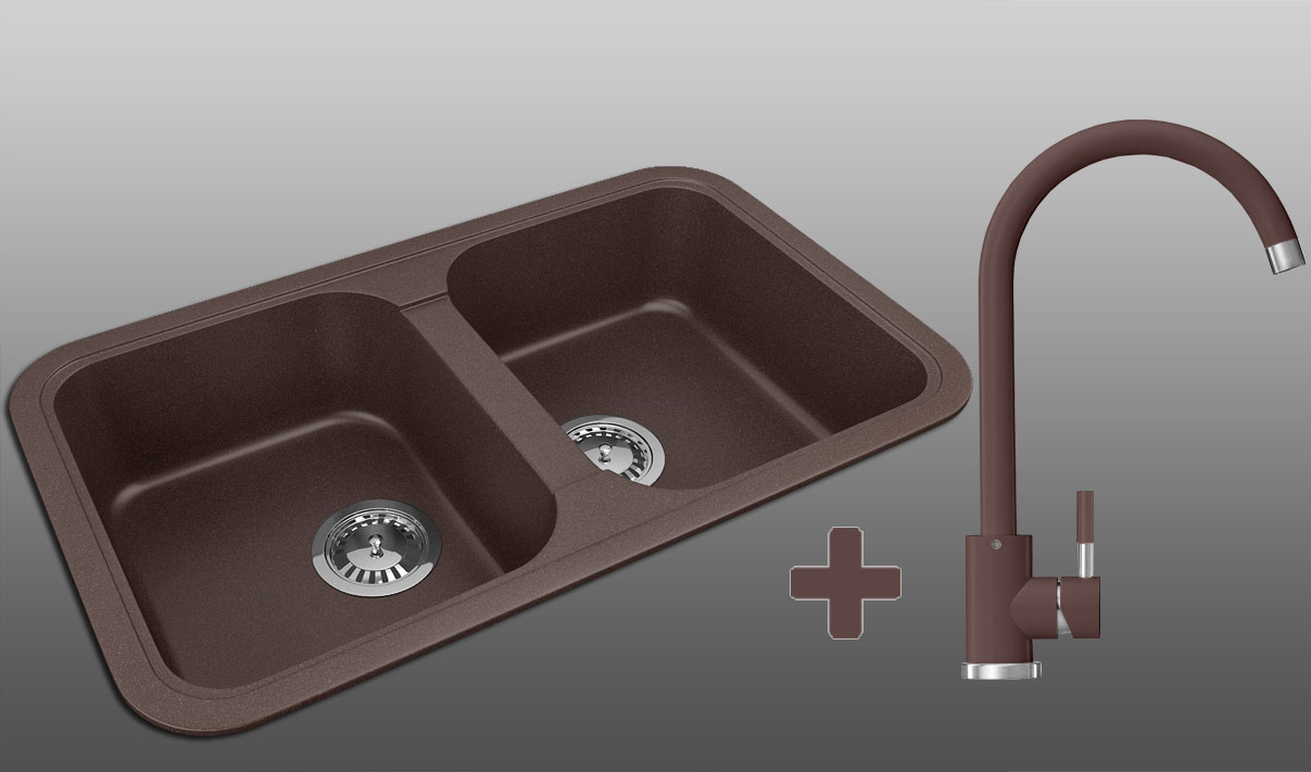 Гранитная кухонная мойка Lexona ROYAL коричневая со смесителем