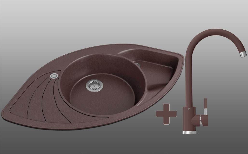Угловая кухонная мойка Lexona SEVELIN коричневая со смесителем