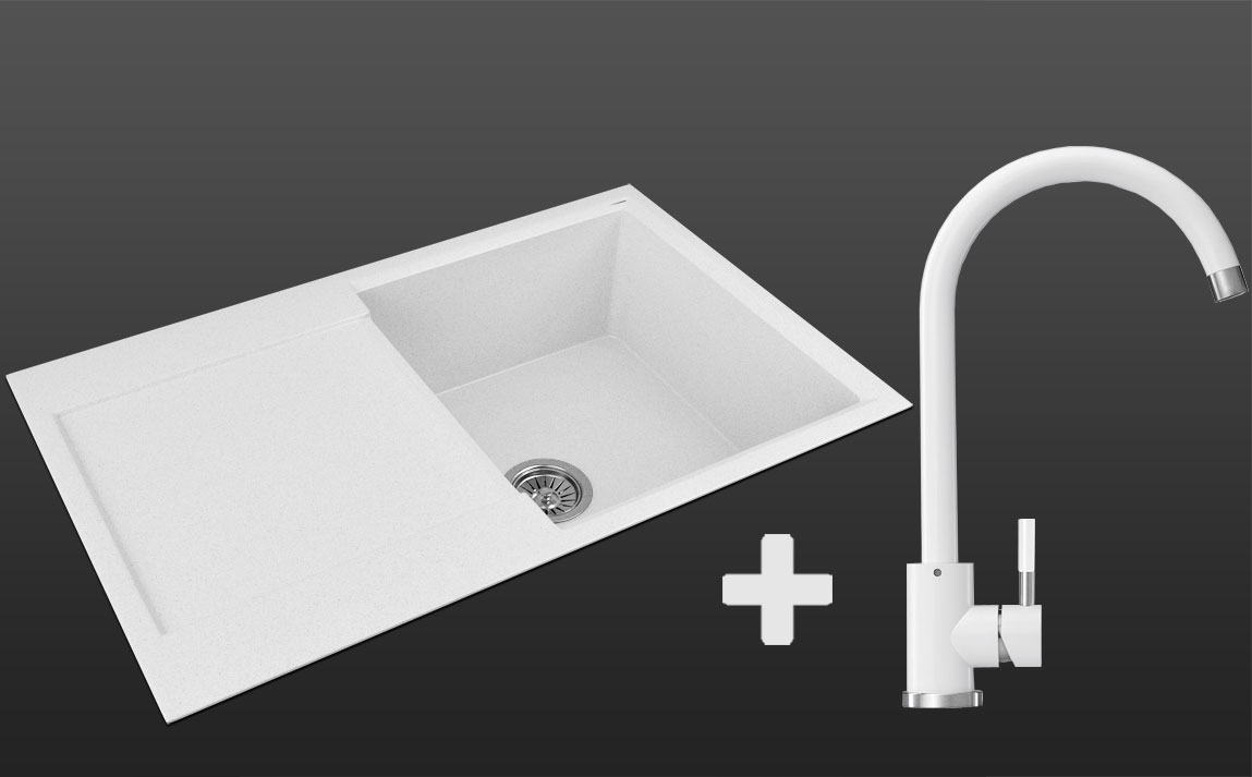Гранітна кухонна мийка Lexona SOFIA біла з краном 