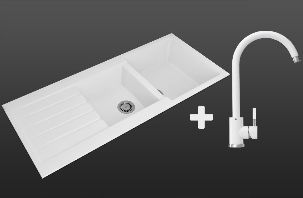 Гранітна кухонна мийка Lexona Status біла з краном 