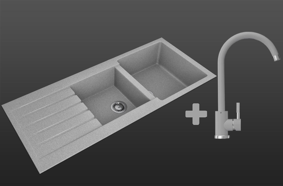 Гранітна кухонна мийка Lexona Status сіра з краном 