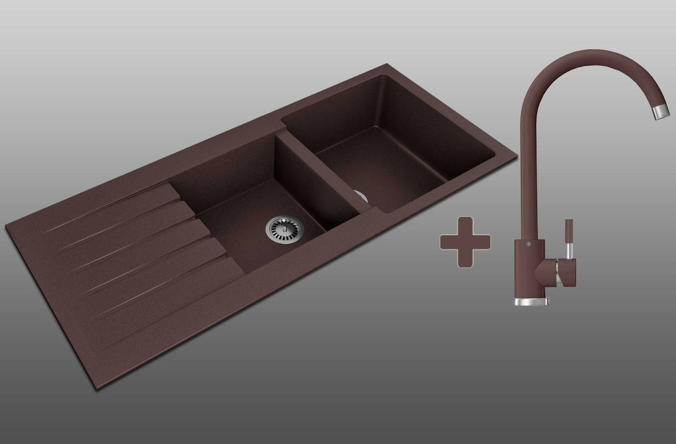 Гранітна кухонна мийка Lexona Status коричнева з краном 