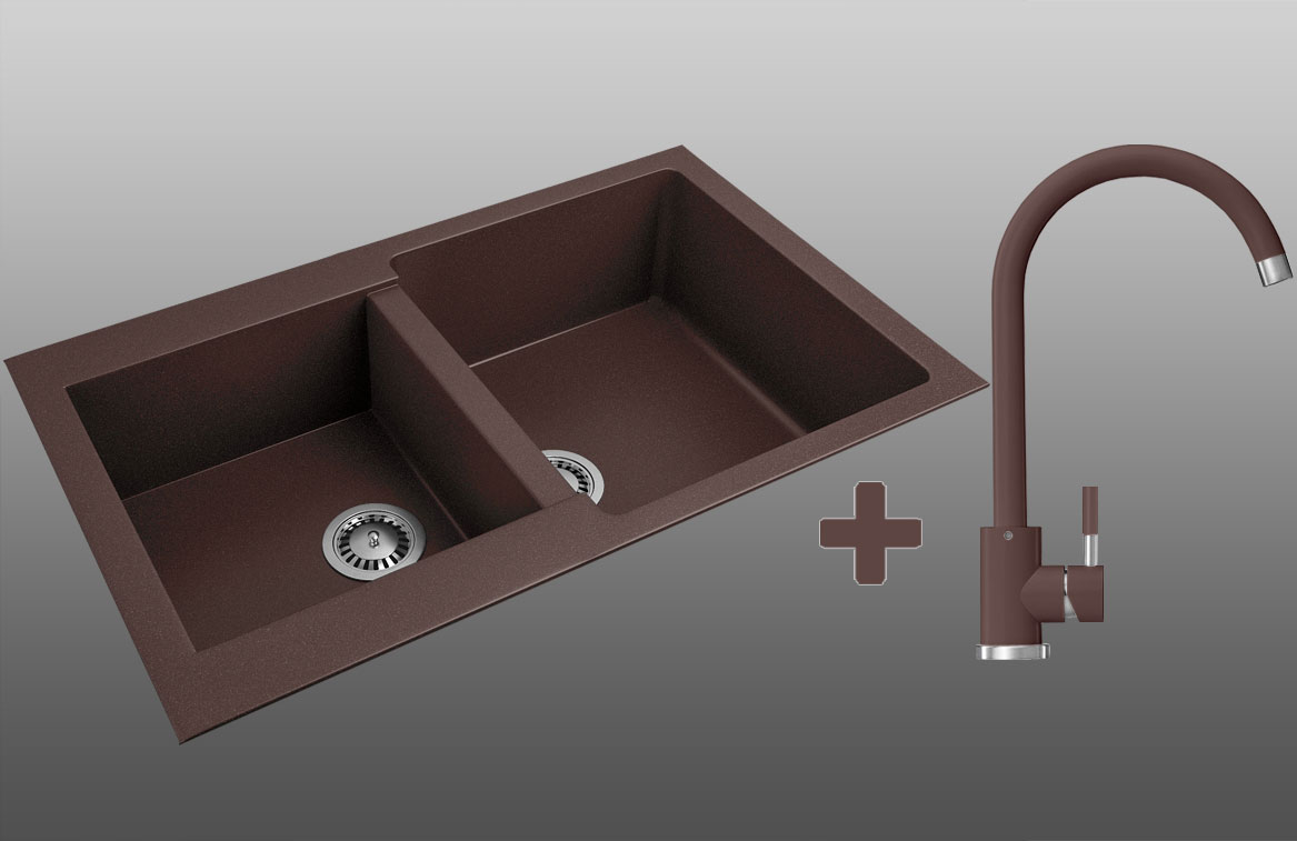 Гранитная кухонная мойка Lexona Status Compact коричневая со смесителем