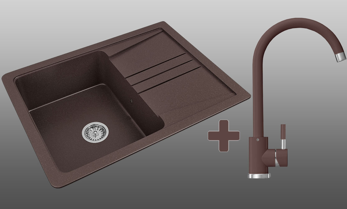 Гранитная кухонная мойка Lexona ULTRA COMPACT коричневая со смесителем